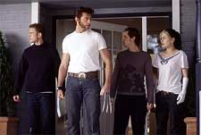 Shawn Ashmore as Iceman, Hugh Jackman as Logan, Aaron Stanford as Pyro and Anna Paquin as Rogue in 20th Century Fox's X2: X-Men United - 2003