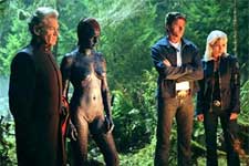 Ian McKellen as Magneto, Rebecca Romijn-Stamos as Mystique, Hugh Jackman as Logan, and Halle Berry as Storm in 20th Century Fox's X2: X-Men United - 2003