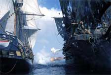 A pirate ship battle in Walt Disney's Pirates Of The Caribbean: The Curse of the Black Pearl - 2003 
