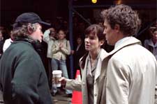 Director MARC LAWRENCE with actors SANDRA BULLOCK and HUGH GRANT on location in New York City for Castle Rock Entertainment's romantic comedy "Two Weeks Notice," distributed by Warner Bros. Pictures. &copy;2002 Warner Bros
