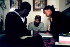 Derek Luke, director Denzel Washington and Joy Bryant on the set of Fox Searchlight's Antwone Fisher - 2002