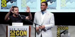 Zack Snyder and Harry Lennix speak onstage at the Warner Bros. and Legendary Pictures preview during Comic-Con International 2013 at San Diego Convention Center on July 20, 2013 in San Diego, California.